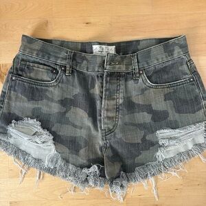 We The Free Camo Distressed Jean Shorts in Olive